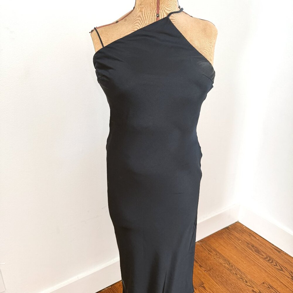 Navy One-Shoulder Bodycon Midi Silk-Like Dress • Size 4
